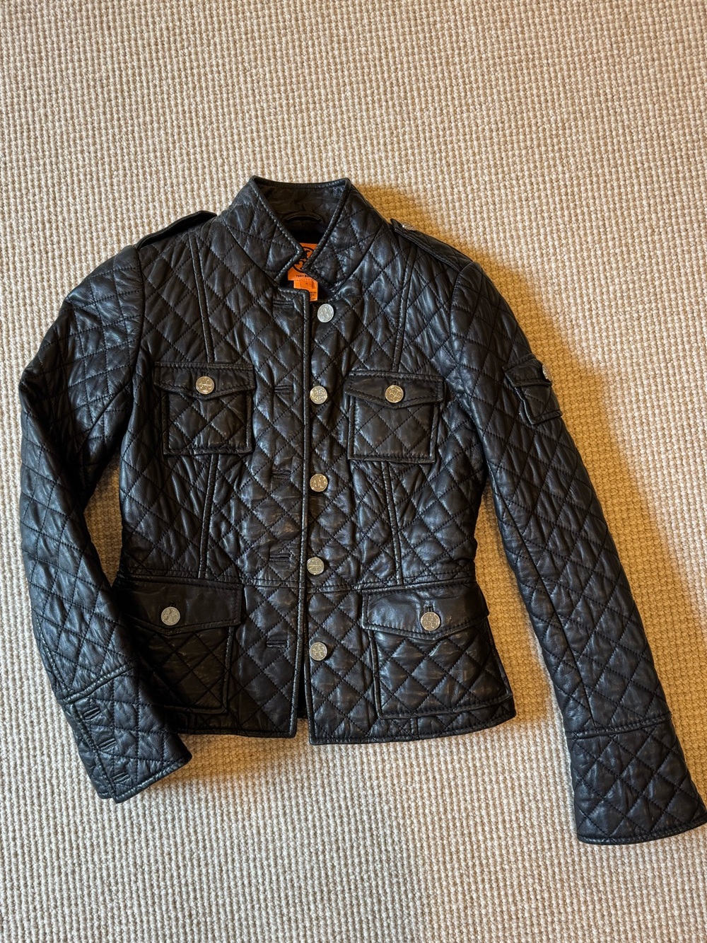 Tory Burch Black Quilted Genuine Leather Button-Up Jacket